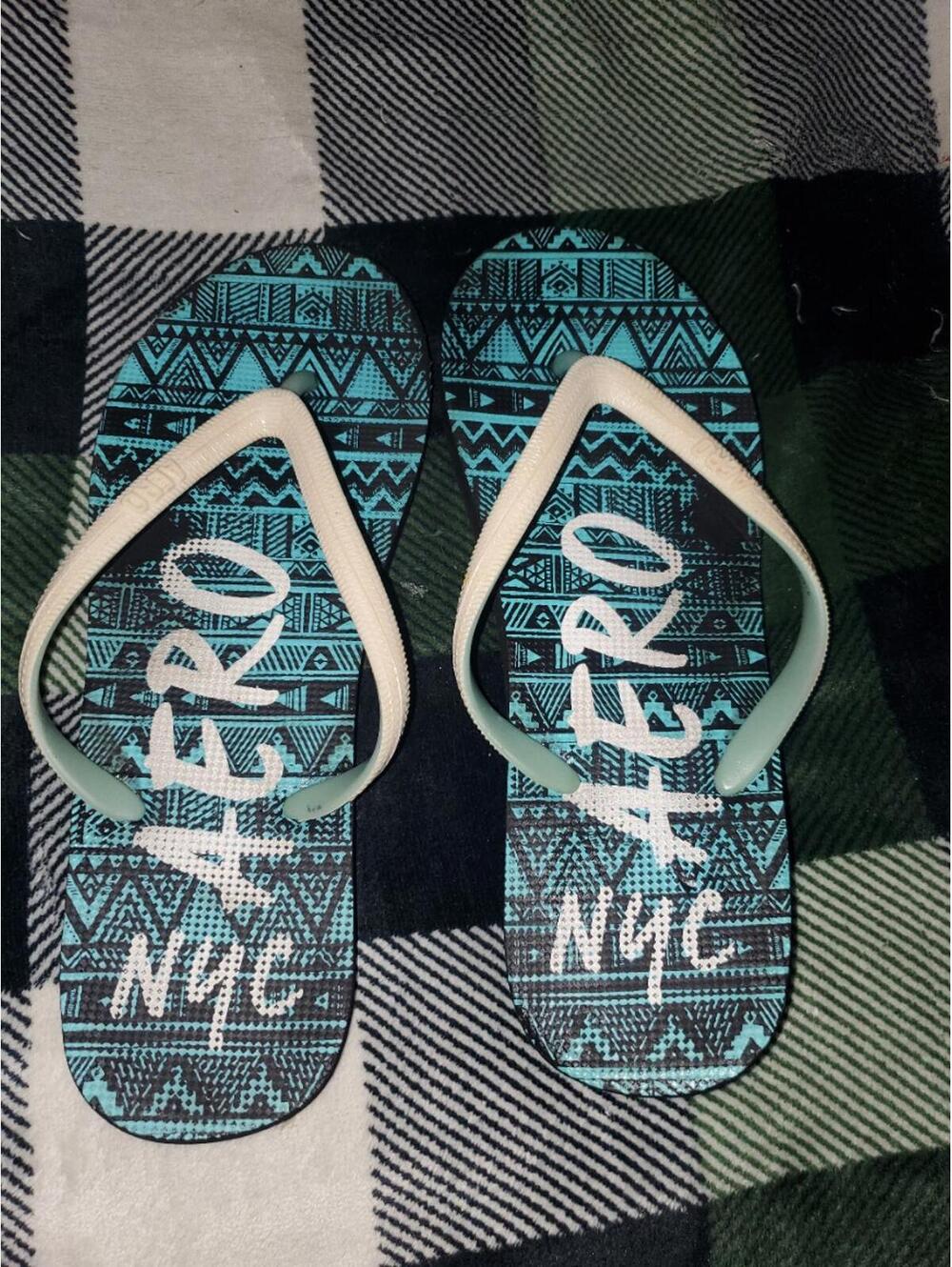 Y2K Aero NYC Flip Flops with Blue and Black Tribal Pattern